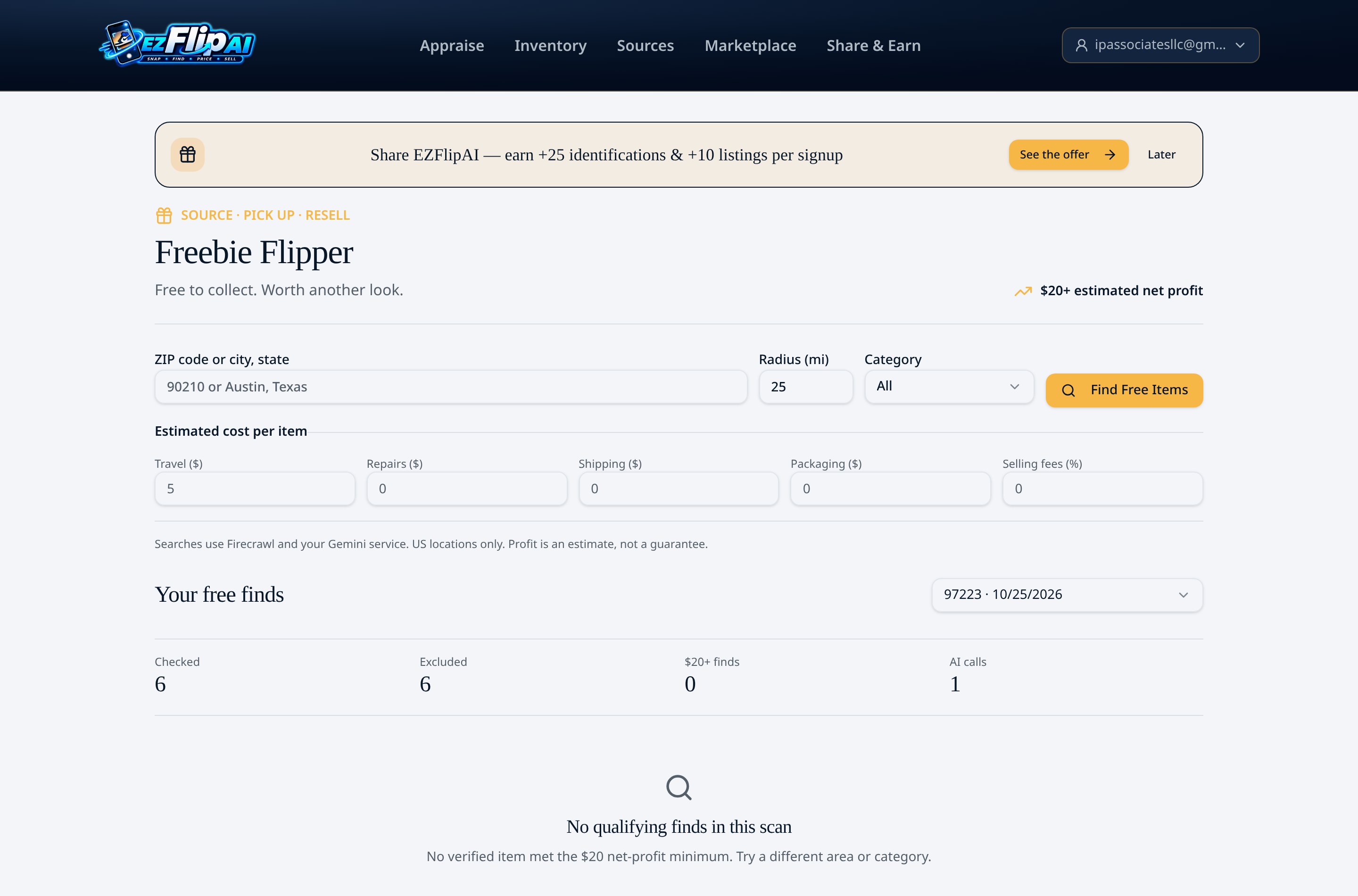 The real ezFlipAI Freebie Flipper dashboard with search and scan results