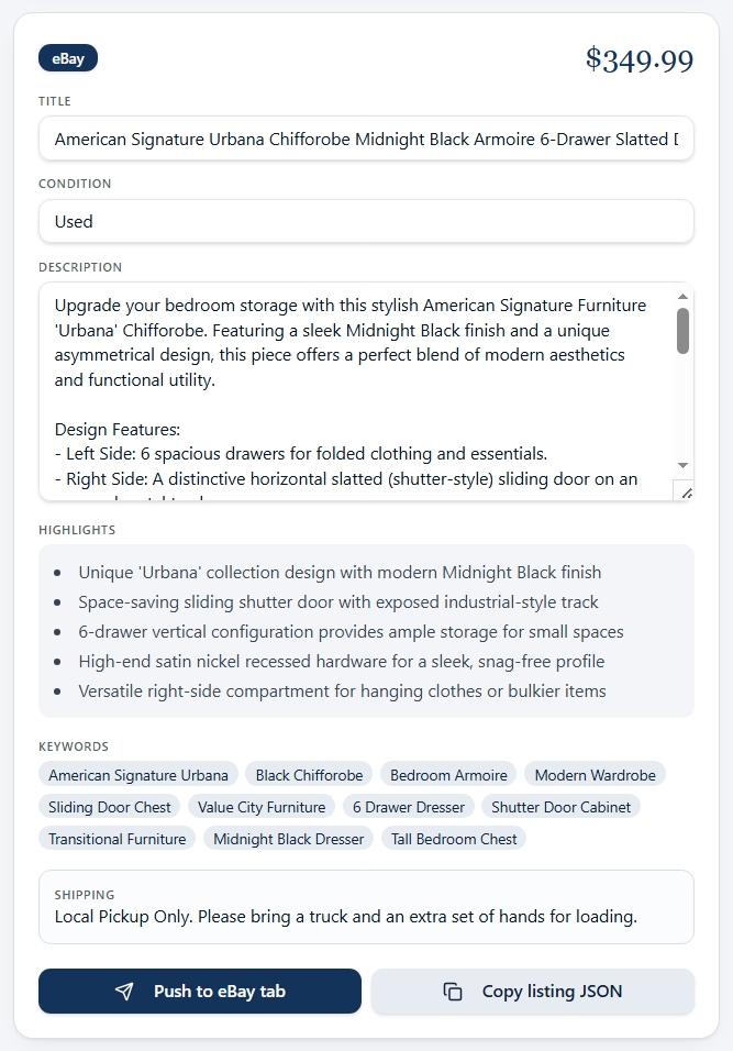Screenshot — listing creator